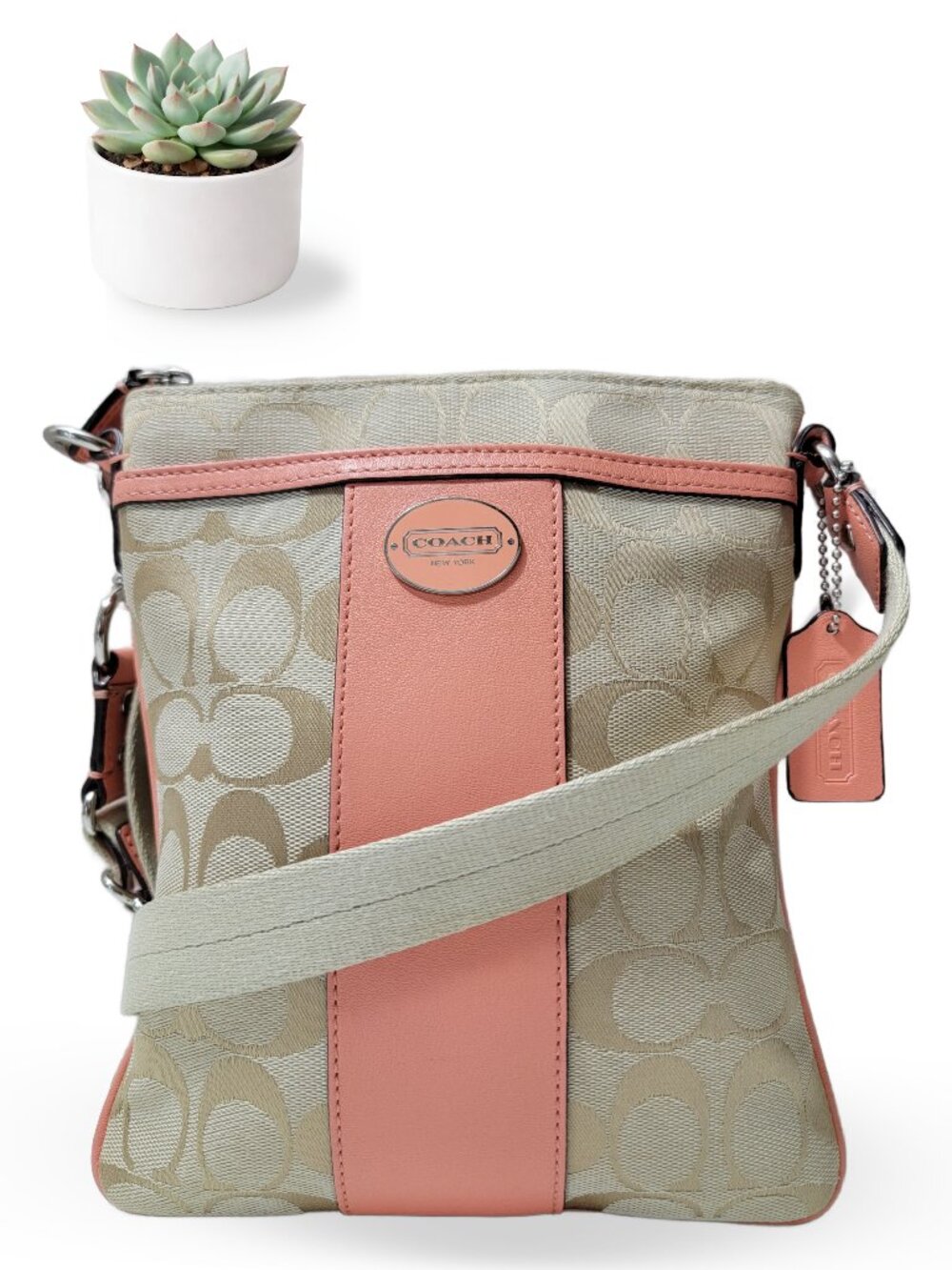 Coach Legacy Signature Swingpack Khaki Coral Crossbody Bag Leather Stripe Purse